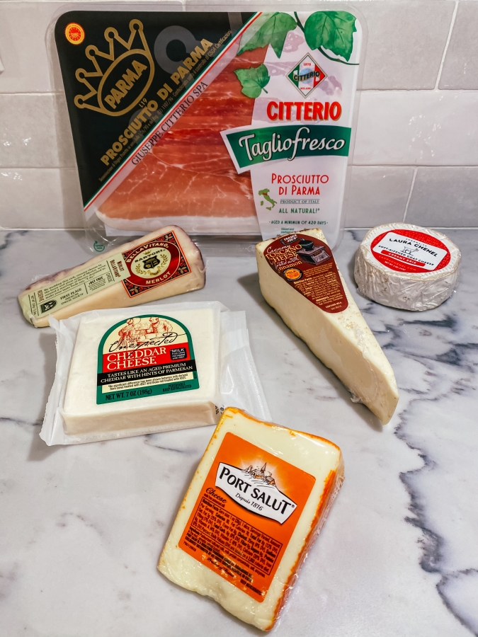 festive holiday trader joes cheese board cheese prosciutto