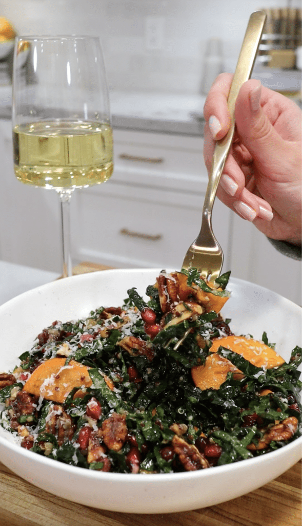 this kale persimmon pomegranate salad is the perfect thanksgiving and holiday side dish and appetizer