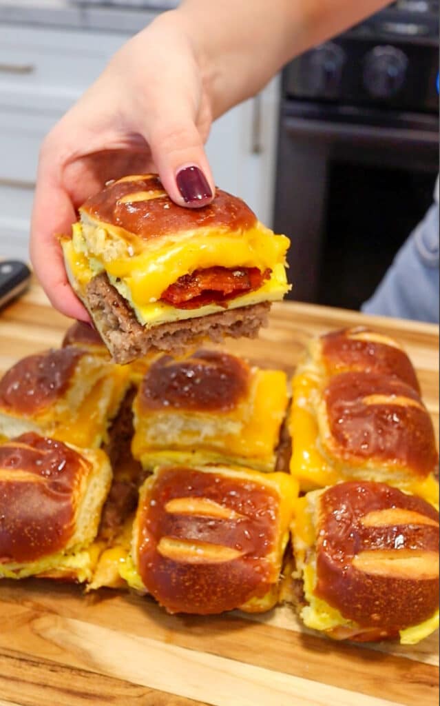 delicious holiday breakfast sliders with eggs, bacon, and sausage