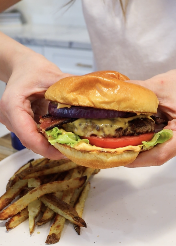 Bacon Smashburger with Calabrian Chili Aioli and Crispy Garlic Fries